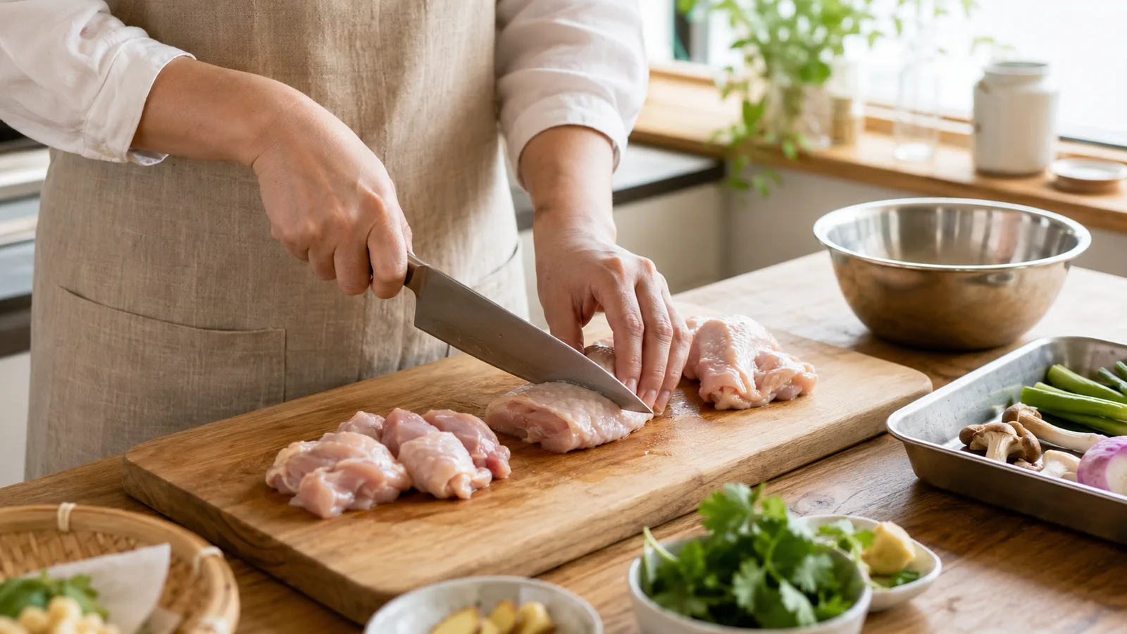 站在廚房認真分切雞肉,準備料理