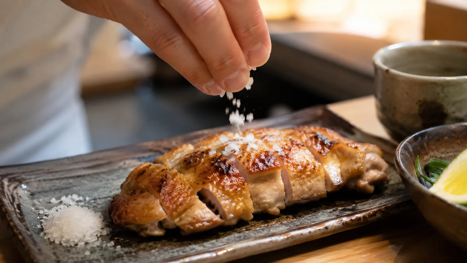 在料理上撒上些許鹽以提出美味