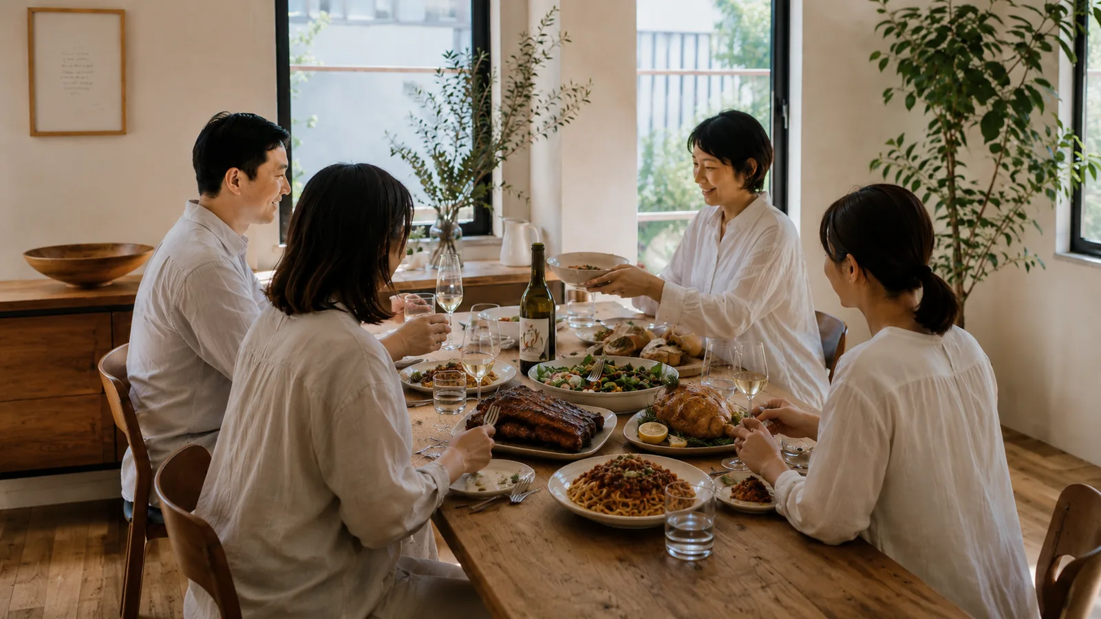 一群人聚在一起享受豐盛的料理